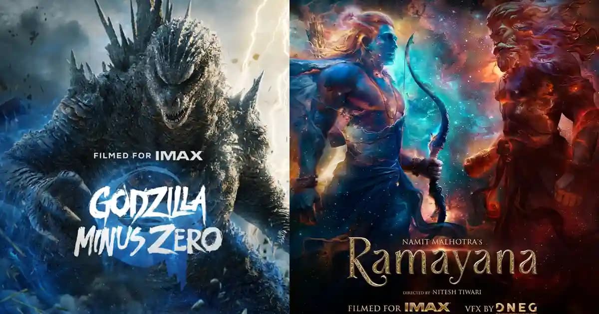 Poster of Ramayana: Part 1 featuring Ranbir Kapoor and Sai Pallavi alongside Godzilla Minus Zero's monster silhouette, highlighting the dual release.