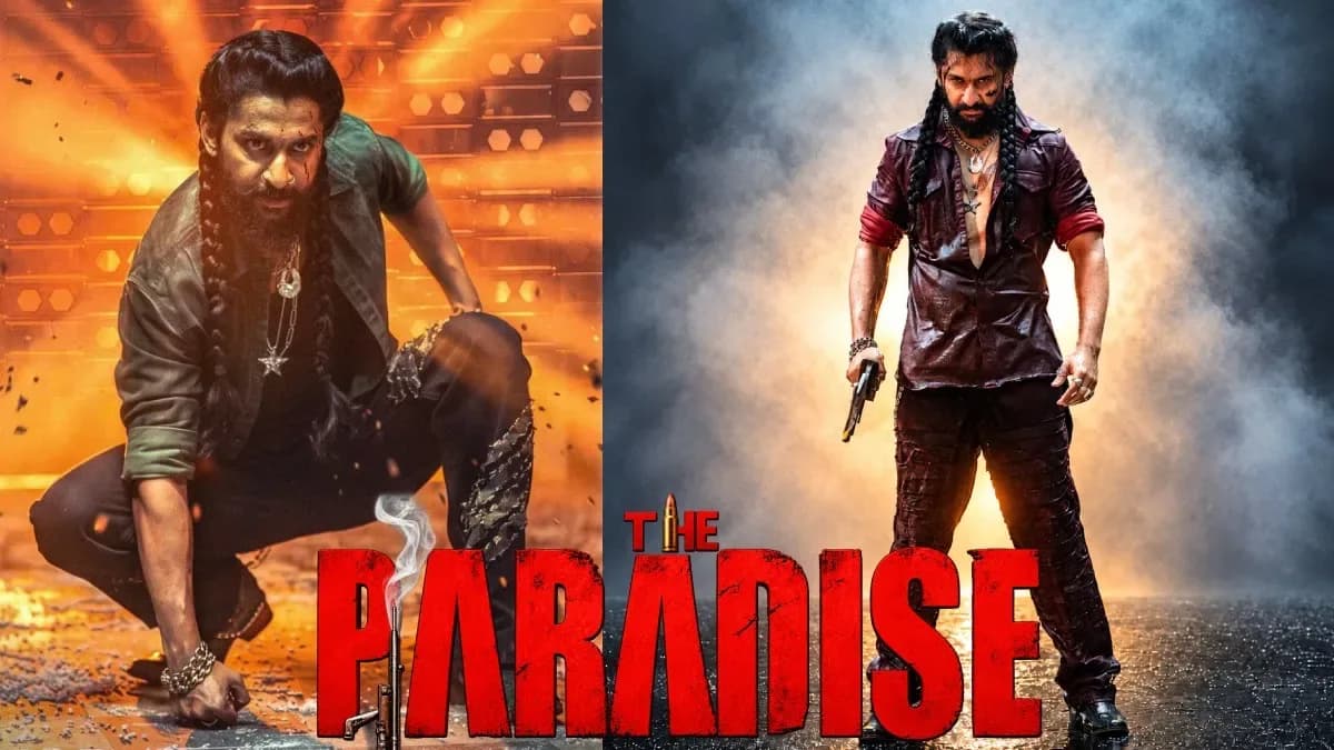 Poster of The Paradise featuring Nani against a fiery backdrop