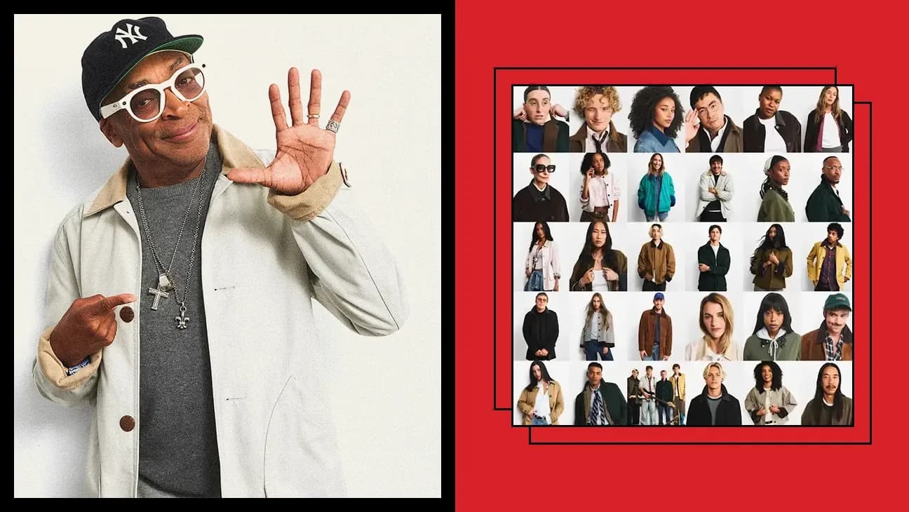 A collage-style portrait campaign image showing multiple people wearing J.Crew's Barn Jacket in different colors and settings.