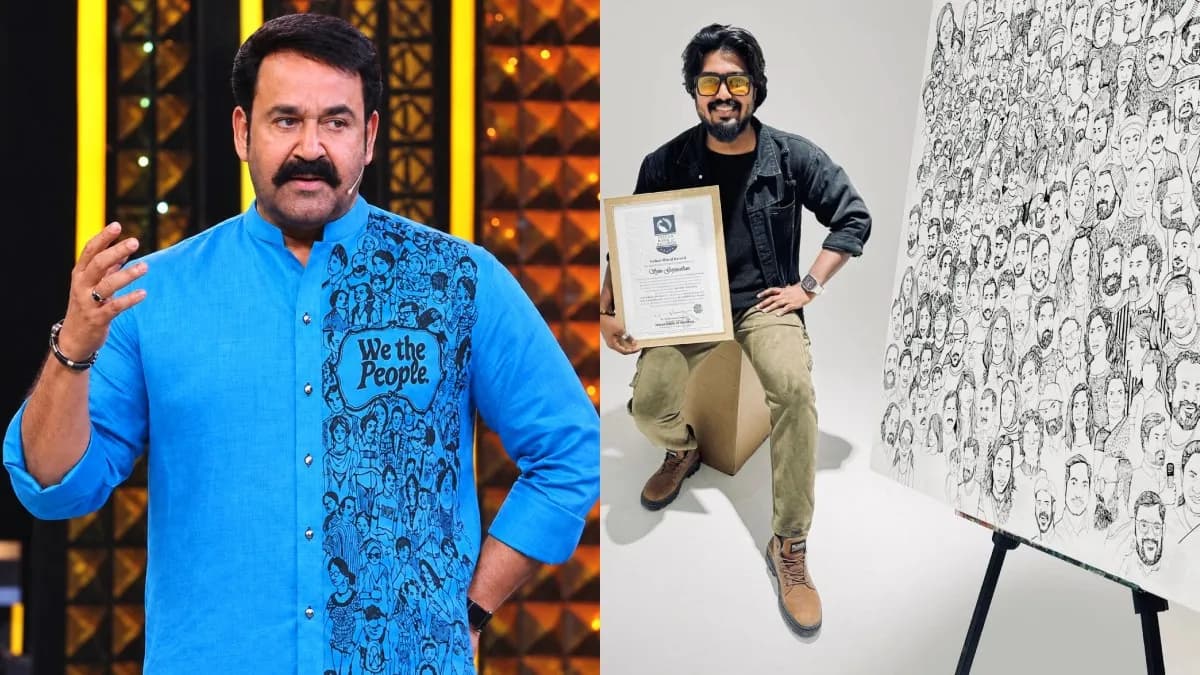 Side-by-side comparison of artist Sijin Gopinath's artwork and the shirt worn by Mohanlal on Bigg Boss Malayalam