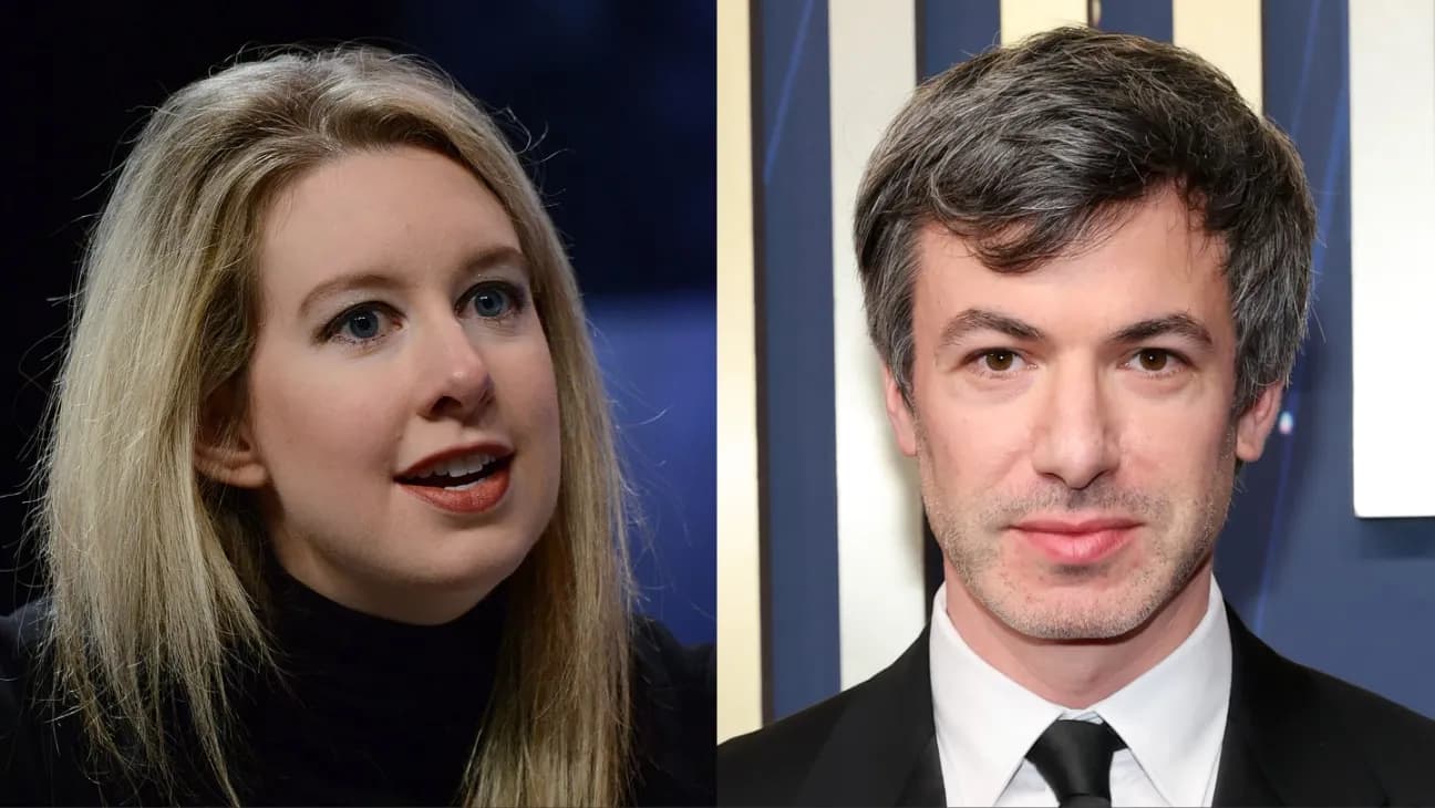 Nathan Fielder and Elizabeth Holmes in a tense close-up shot from the documentary You Can See Everything