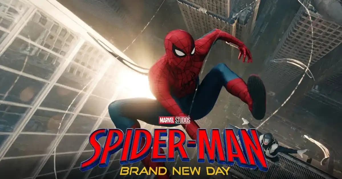 Tom Holland as Spider-Man in a dynamic pose against a city skyline, with the title 'Spider-Man Brand New Day' displayed in bold letters.