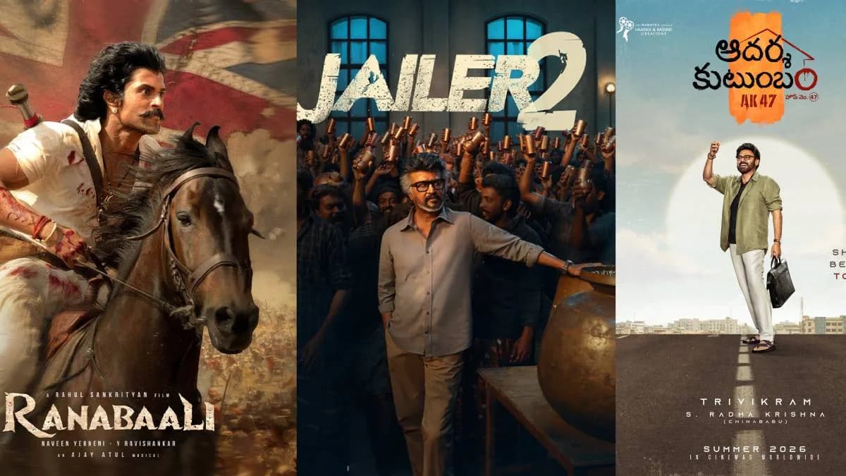 A collage of three movie posters: Aadarsha Kutumbam, Jailer 2, Ranabaali, stacked vertically against a festive red backdrop.