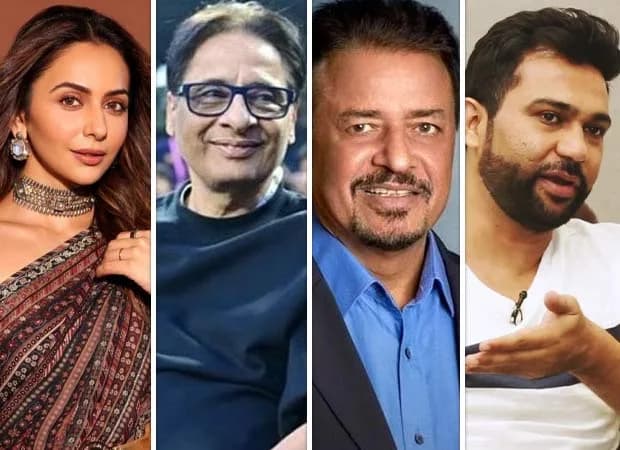 Income Tax officials conducting a raid on a Mumbai office building associated with Bollywood personalities
