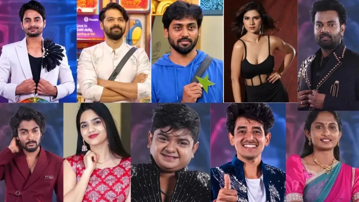 A split-screen of Bigg Boss Telugu contestants, with Rohith in the lead and Charn/Jhansi in the background, looking tense.
