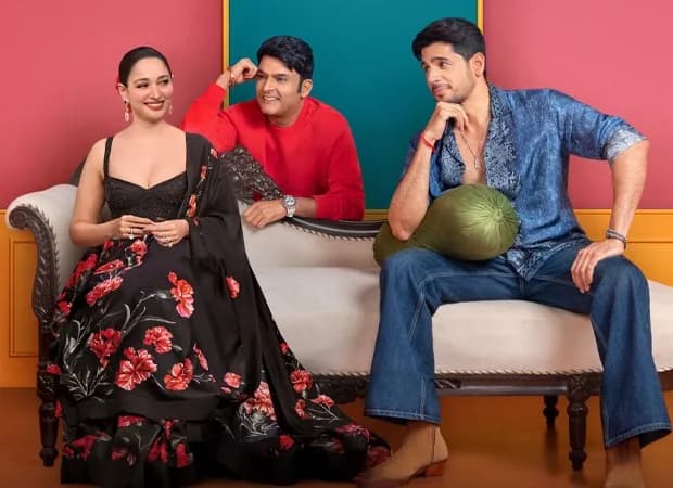 Kapil Sharma laughing with Sidharth Malhotra and Tamannaah Bhatia on the set of The Great Indian Kapil Show