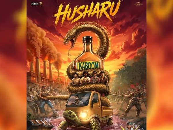 A chaotic title poster featuring a Kaboom beer truck, a golden treasure chest, a coiling snake, a turtle, and a factory under a swirling sky. Text reads 'Husharu 2' in bold, stylised font.