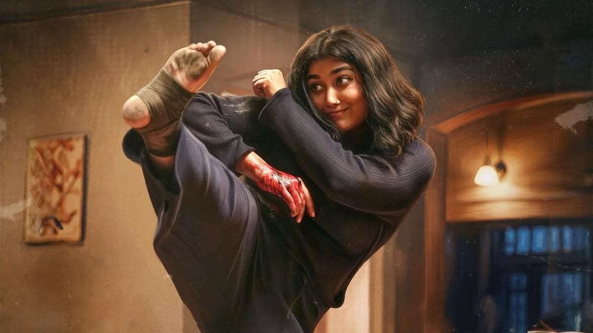 Promotional still from Thudakkam showing Vismaya Mohanlal in an action pose