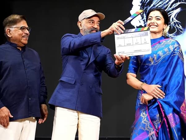 Kamal Haasan speaking at the launch event of the MS Subbulakshmi biopic alongside the film's team