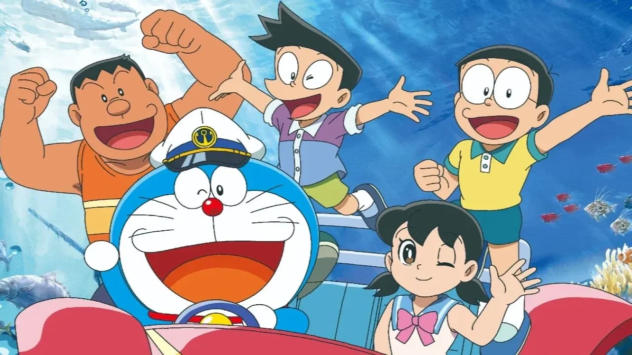 A still from Doraemon: Castle of the Undersea Devil featuring Doraemon and Nobita in a submarine, surrounded by glowing sea creatures and ancient ruins.