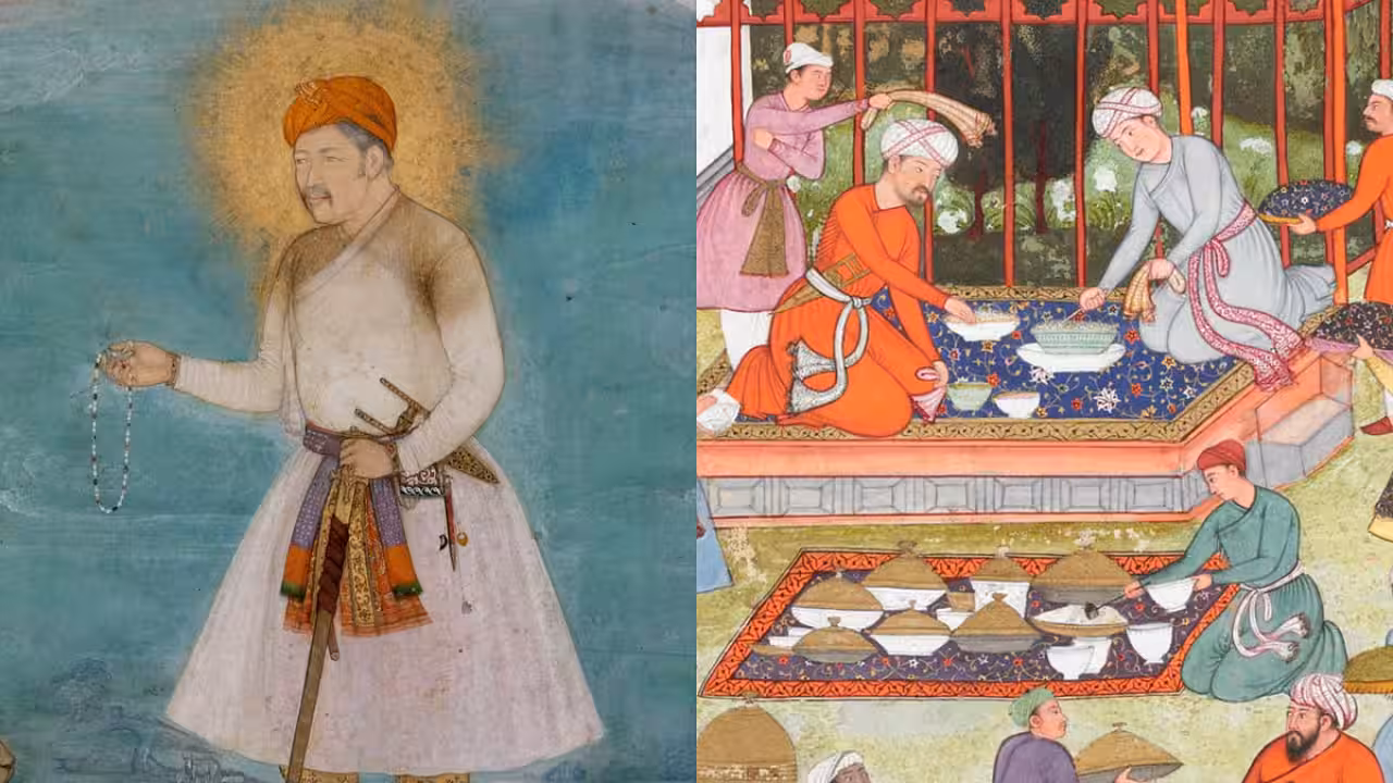 Illustration of a Mughal royal kitchen with a bowl of curd placed beside a golden serving tray
