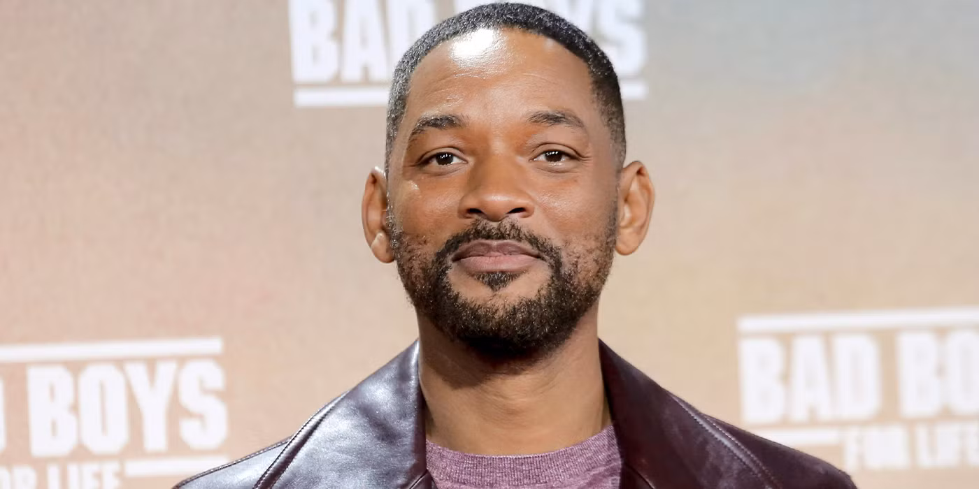 Will Smith in I, Robot, standing in front of a futuristic cityscape, looking determined.