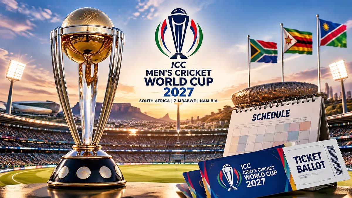 A digital screen displaying the ICC Men's ODI World Cup 2027 logo, set against a backdrop of the Zeitz MOCAA in Cape Town.