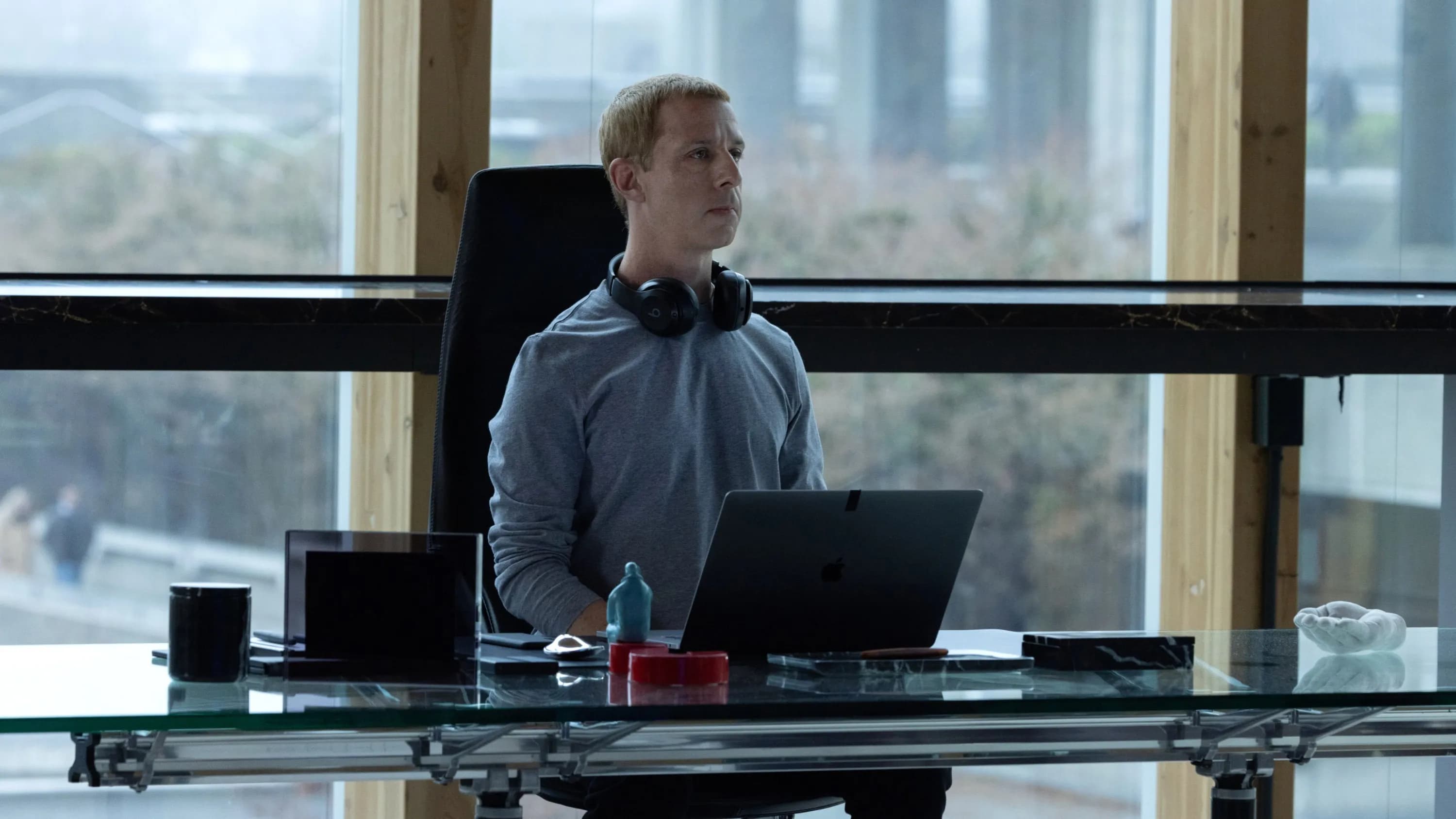 Jeremy Strong as Mark Zuckerberg on the set of The Social Reckoning, looking intense