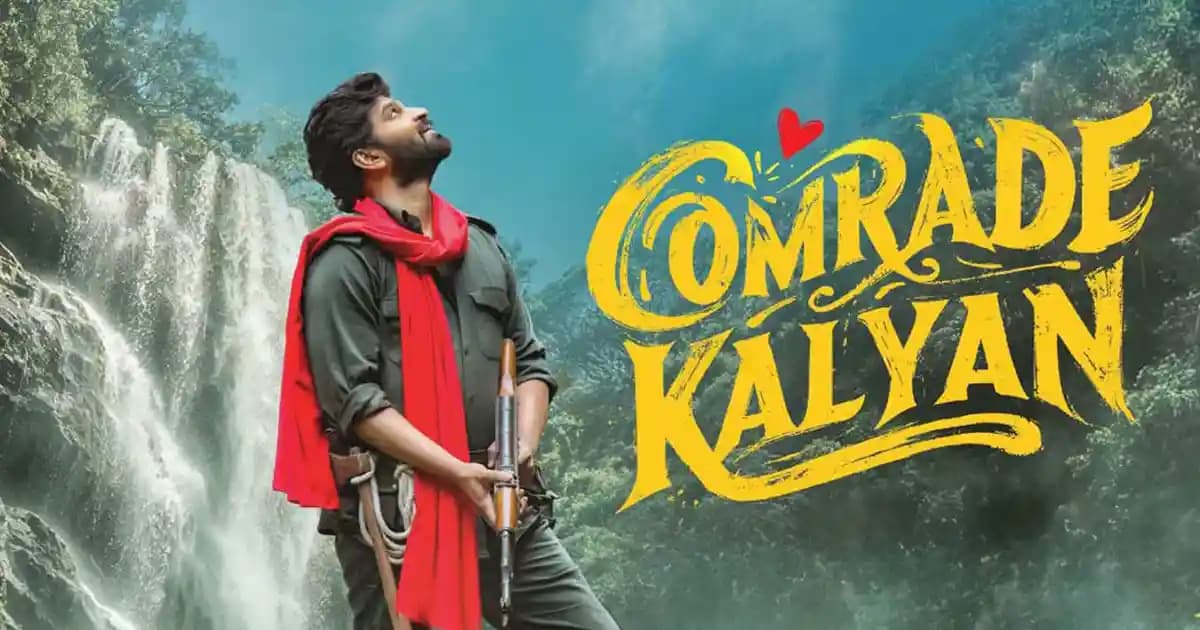 Sree Vishnu in a promotional still from Comrade Kalyan, wearing a red shirt and holding a microphone.