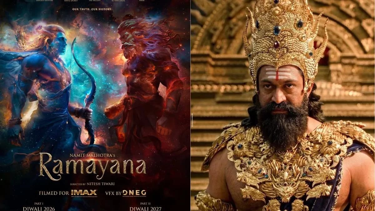 Yash in character look as Ravana with the Ramayana film branding in the background