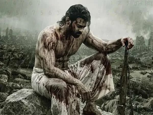 Prabhas on set, focused, in costume for Fauzi
