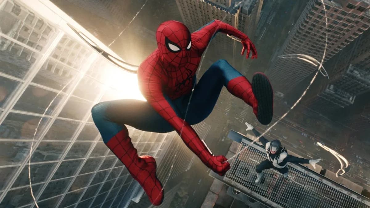Poster of Spider‑Man: Brand New Day showing Tom Holland in the red and blue suit against a city skyline backdrop