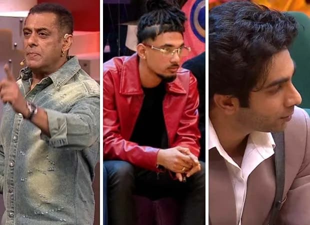 Salman Khan confronting Yung DSA on the Bigg Boss 20 set, pointing at him while housemates watch.