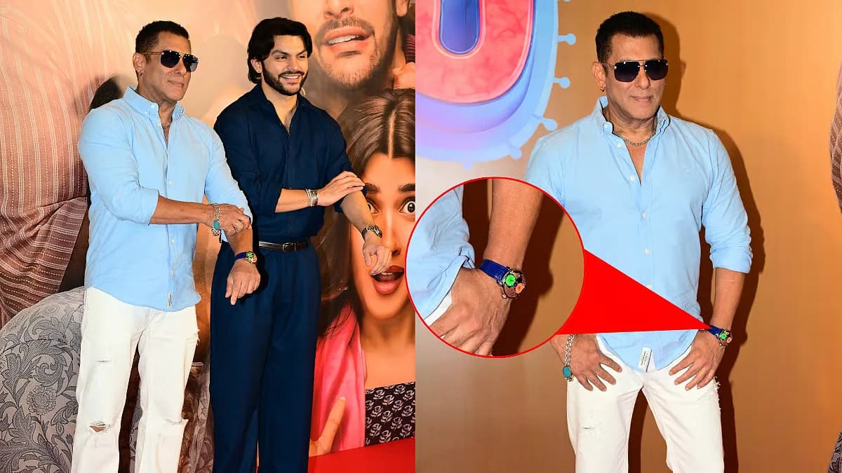 Salman Khan at the *Prem Keetanu* screening, wearing a Jacob & Co. watch with a blue lacquered dial and gold world map, paired with a sky-blue shirt and ivory trousers.