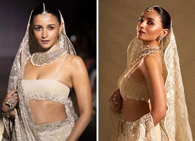 Alia Bhatt walking the runway in a custom ivory georgette saree with a flowing organza veil and a 310-carat pearl choker.