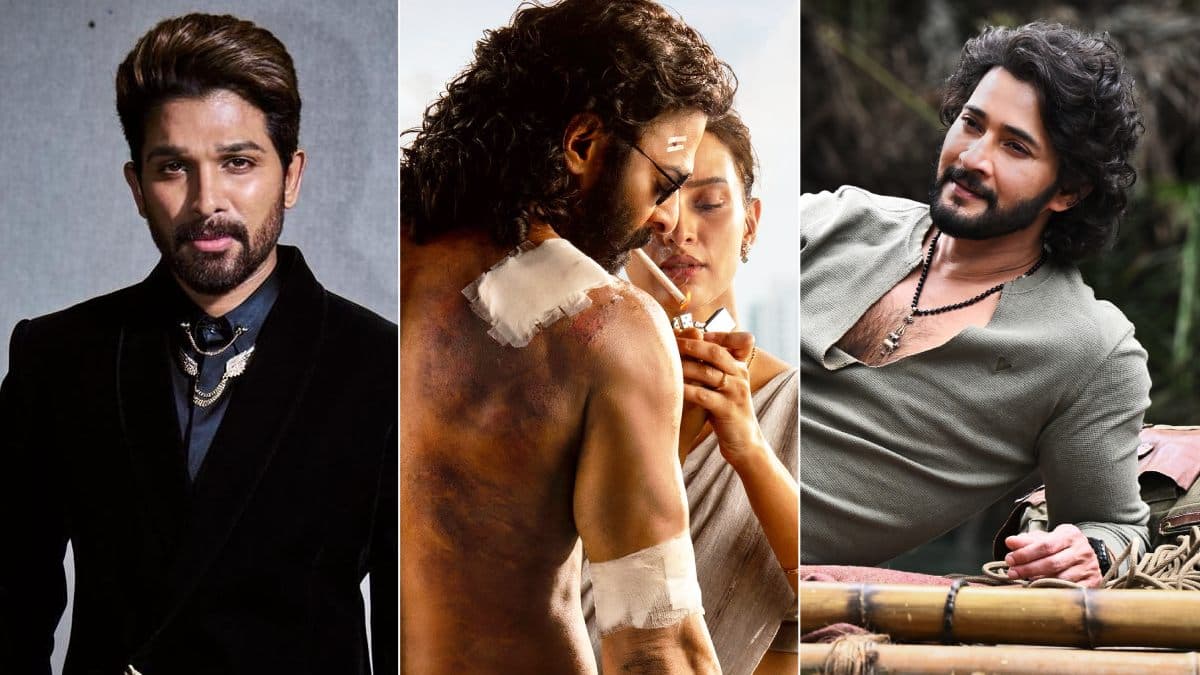 Promotional posters of Allu Arjun's Raaka, Prabhas' Spirit and Mahesh Babu's Varanasi displayed together