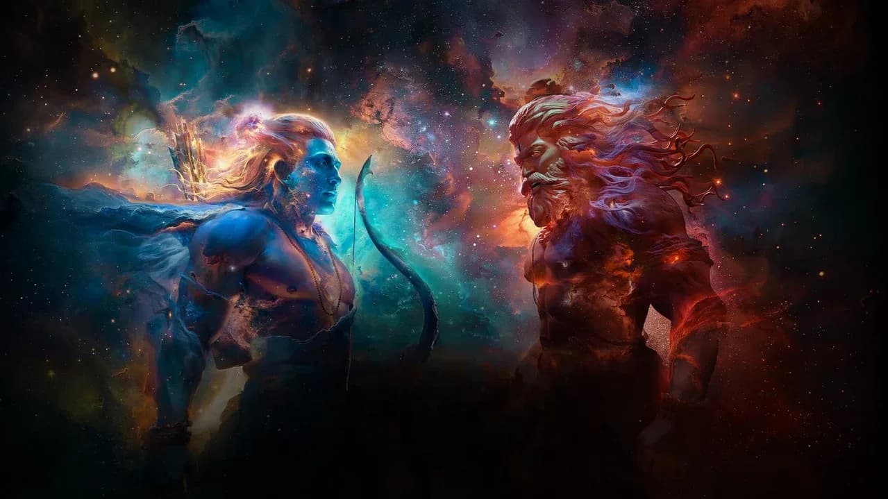 A still from Ramayana showing the Pushpak Vimana mid-flight, surrounded by flames and debris, with Jatayu diving toward it.