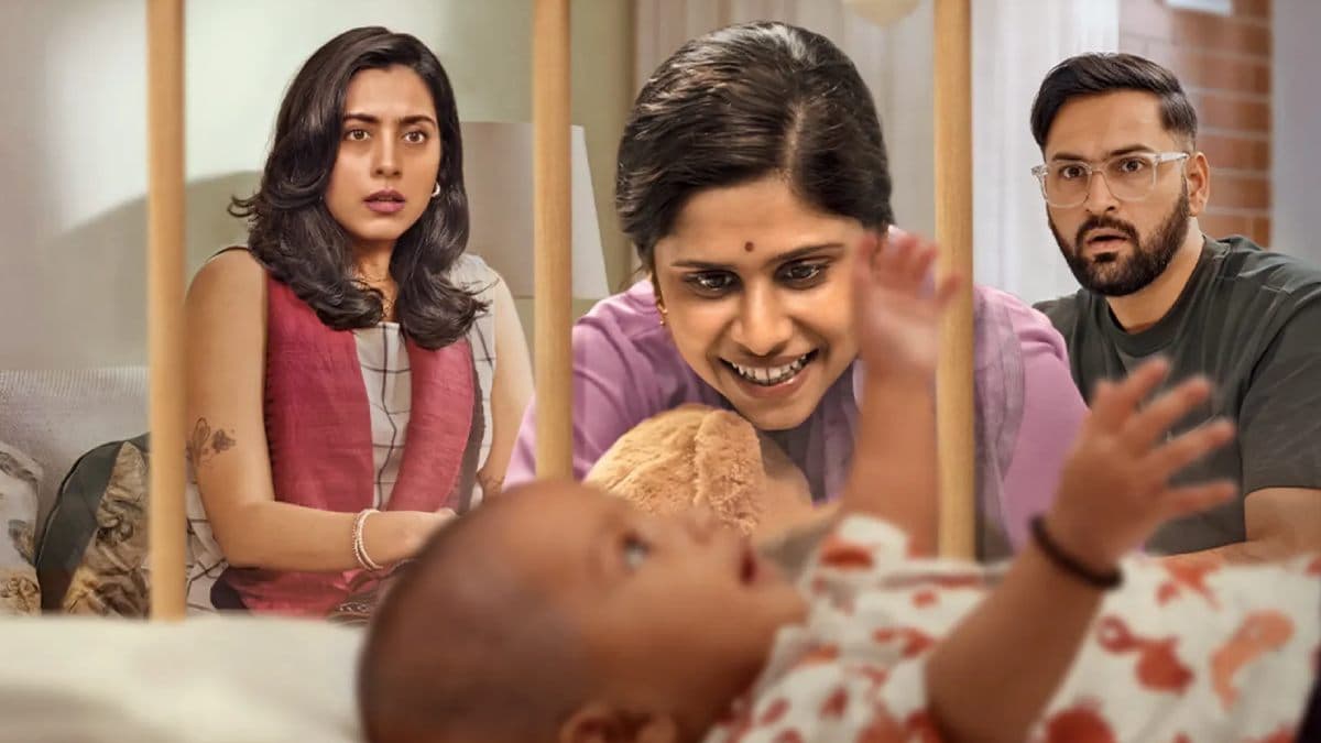 Promotional image for Marathi film Adkitta featuring Sai Tamhankar, Siddharth Chandekar and Sakhi Gokhale