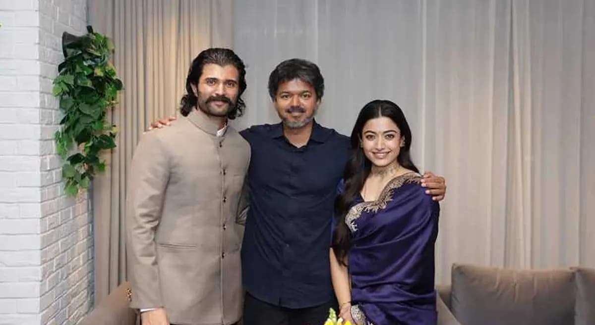 Vijay Deverakonda, Rashmika Mandanna, and Tamil Nadu CM Vijay posing together in a candid moment