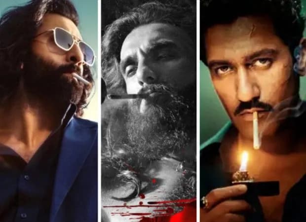 Collage of film posters showing Ranbir Kapoor in Animal, Ranveer Singh in Dhurandhar and Vicky Kaushal in Love and War, each holding a cigarette