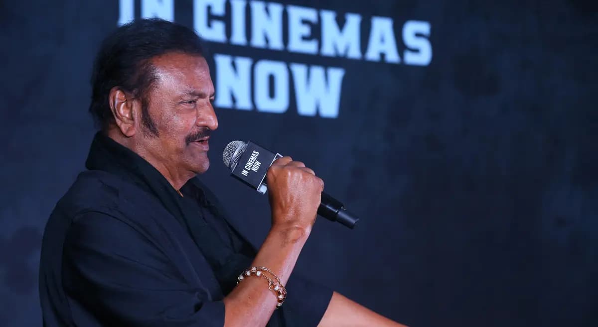 Mohan Babu speaking at the Hyderabad media mulakat for ‘The Paradise’, flanked by Nani and director Srikanth Odela.