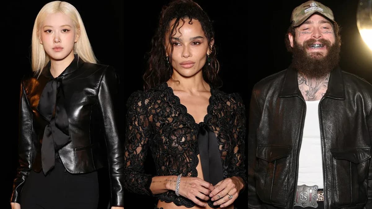 Celebrities arrive at Saint Laurent's Paris Fashion Week Spring/Summer 2027 show at the Trocadéro with the Eiffel Tower in the background.