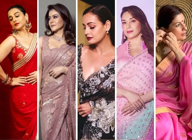 Collage of Bollywood actresses Twinkle Khanna, Madhuri Dixit, Dia Mirza, Kajol and Vidya Balan in festive sarees for Diwali 2026.