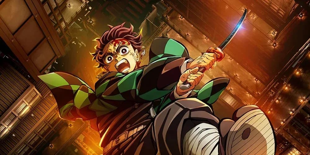 Key art from Demon Slayer: Kimetsu no Yaiba Infinity Castle showing Tanjiro Kamado in the demon-infested stronghold.