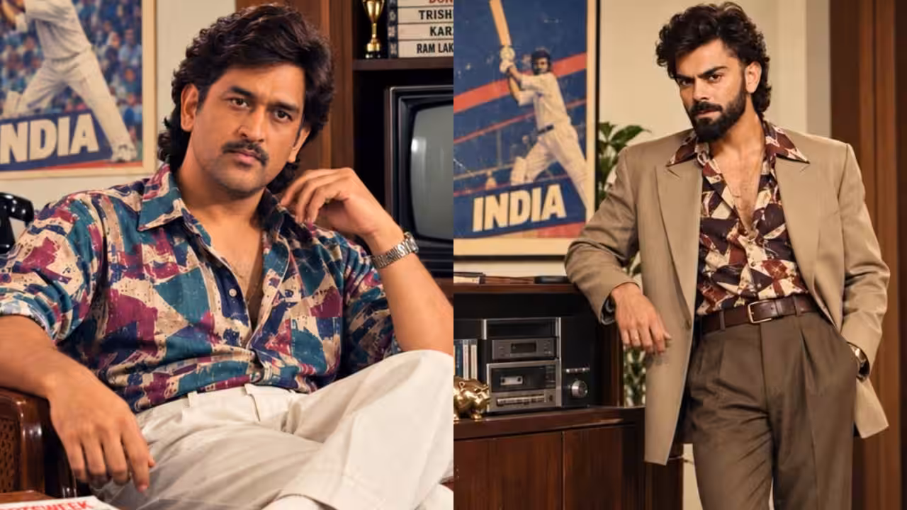 Split comparison of a modern selfie and an AI-generated 1980s-style Indian cricketer photo with faded colours and film grain.
