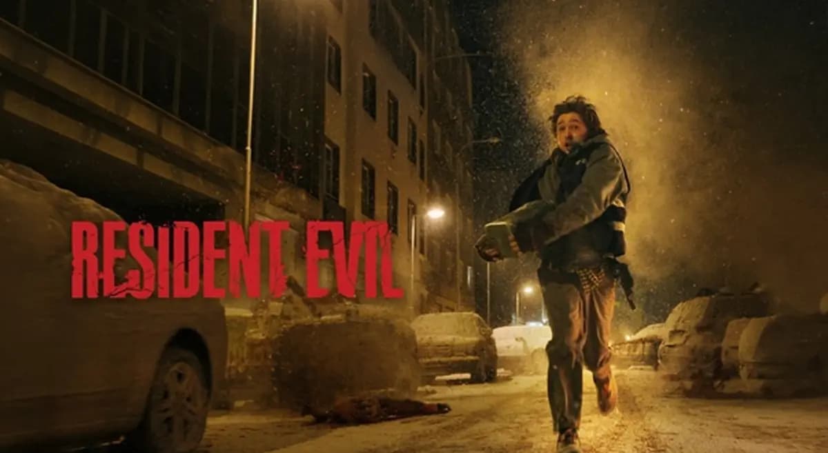 Promotional still from the Hollywood horror film Resident Evil showing a snowy night scene