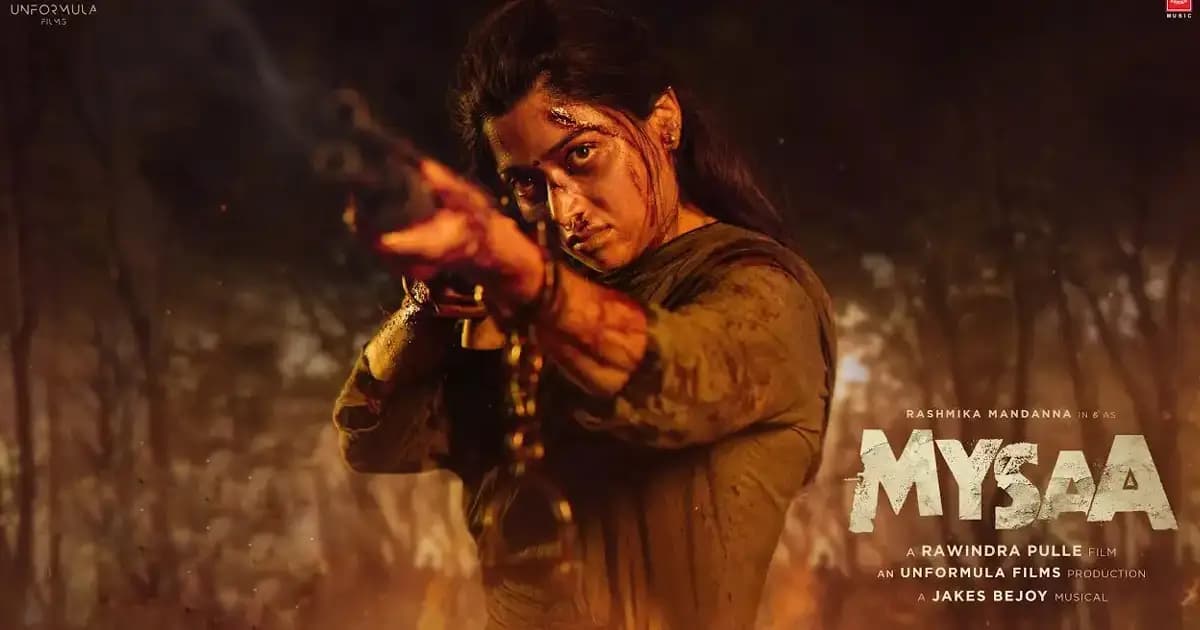 Rashmika Mandanna in an intense action look from a promotional still for the film Mysaa