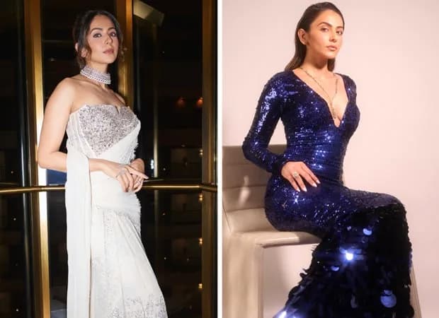 Rakul Preet Singh in a golden metallic lattice corset and black column skirt, styled with centre-parted hair and soft glam makeup.