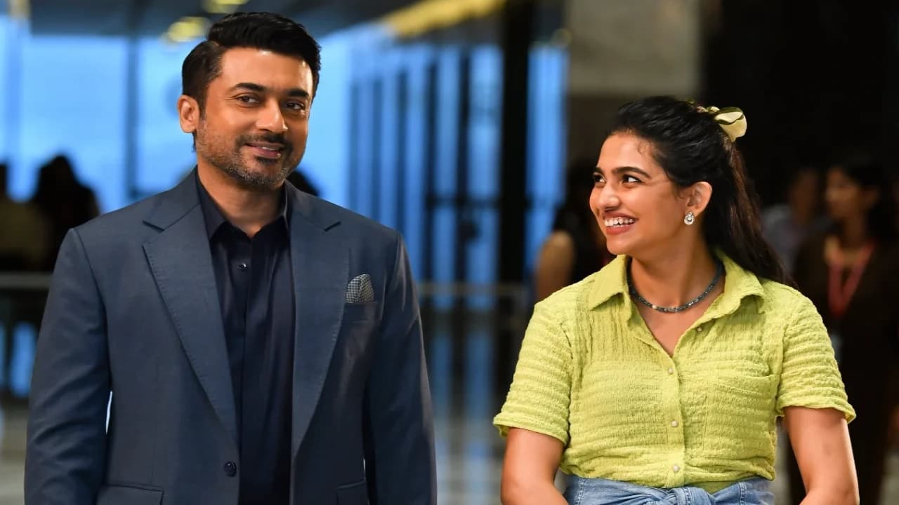 Suriya and Mamitha Baiju in a still from Vishwanath and Sons