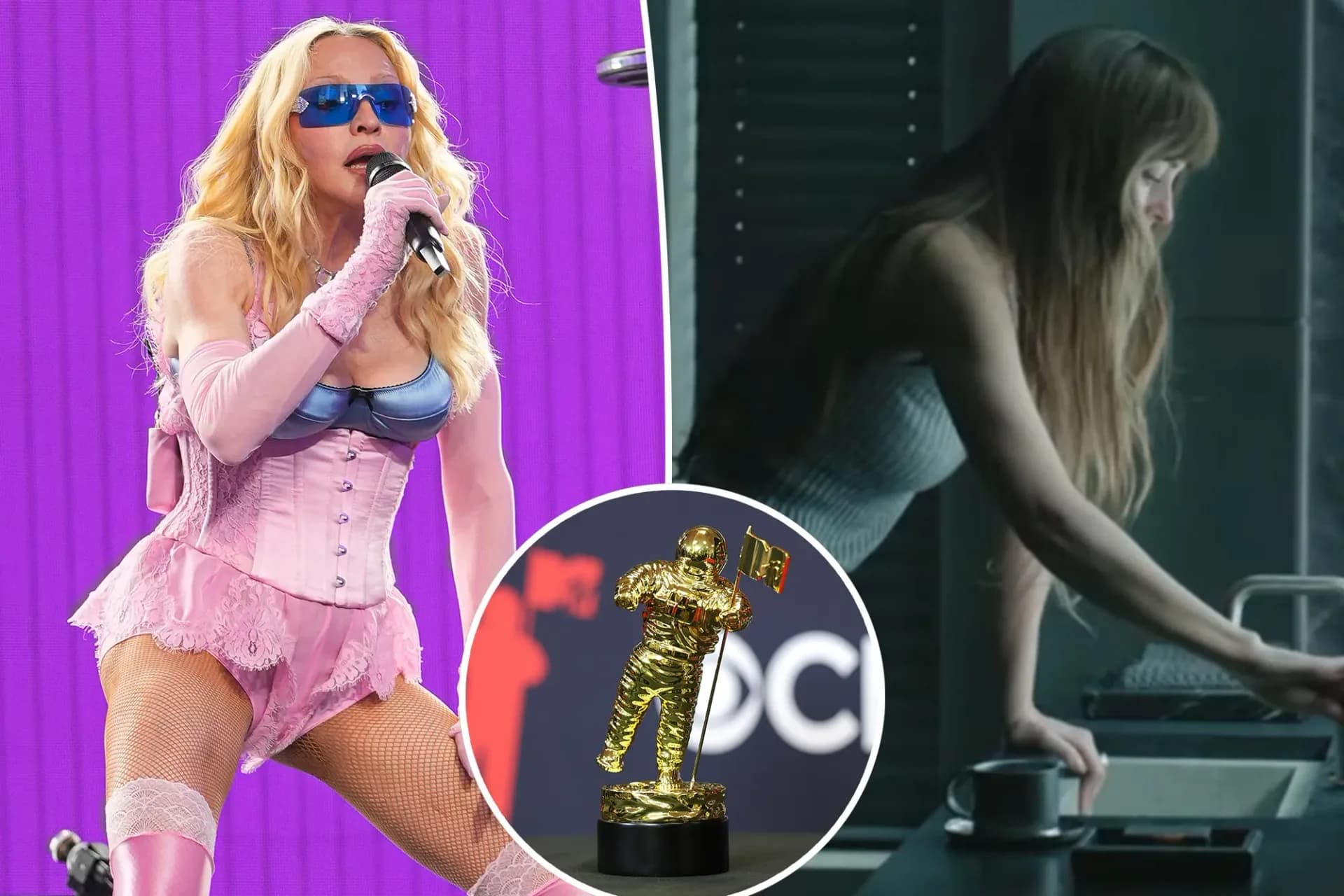 Taylor Swift performing on stage at the 2026 MTV Video Music Awards with Snoop Dogg hosting
