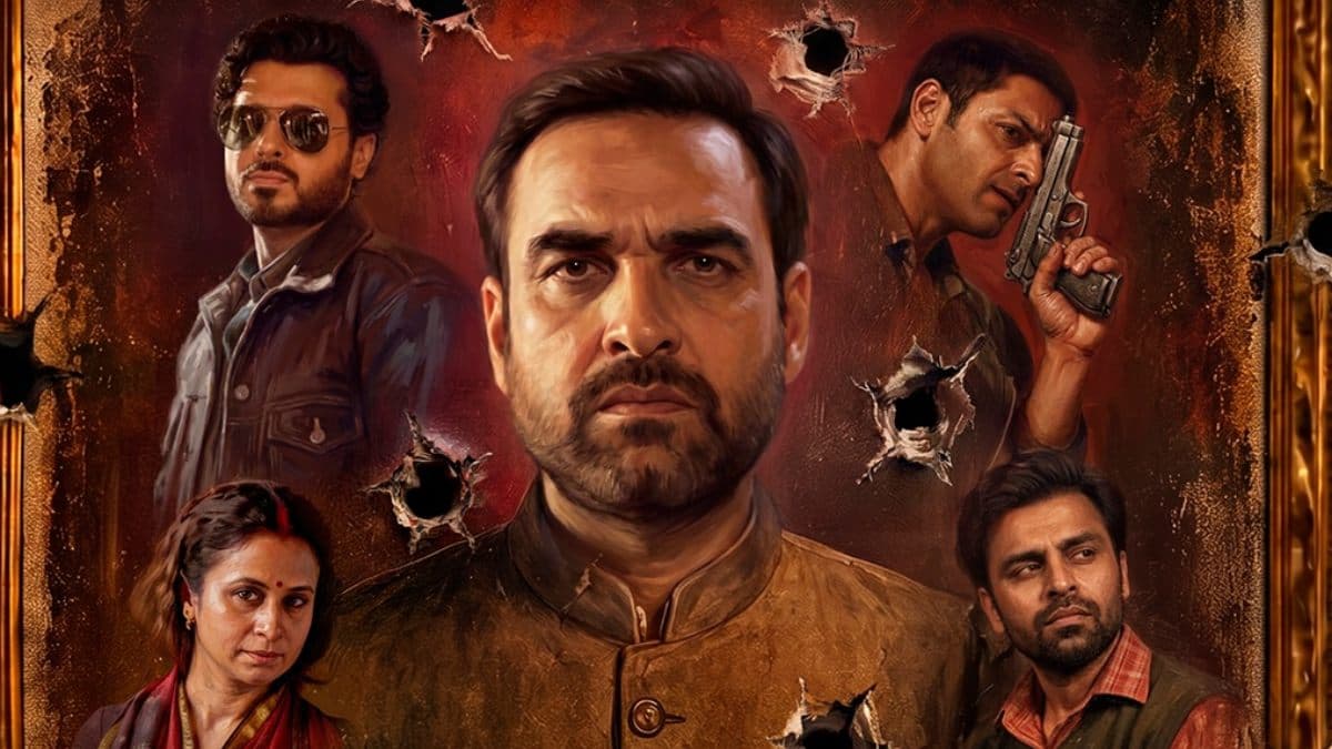 Poster or still from Mirzapur: The Movie featuring the cast in a tense confrontation scene