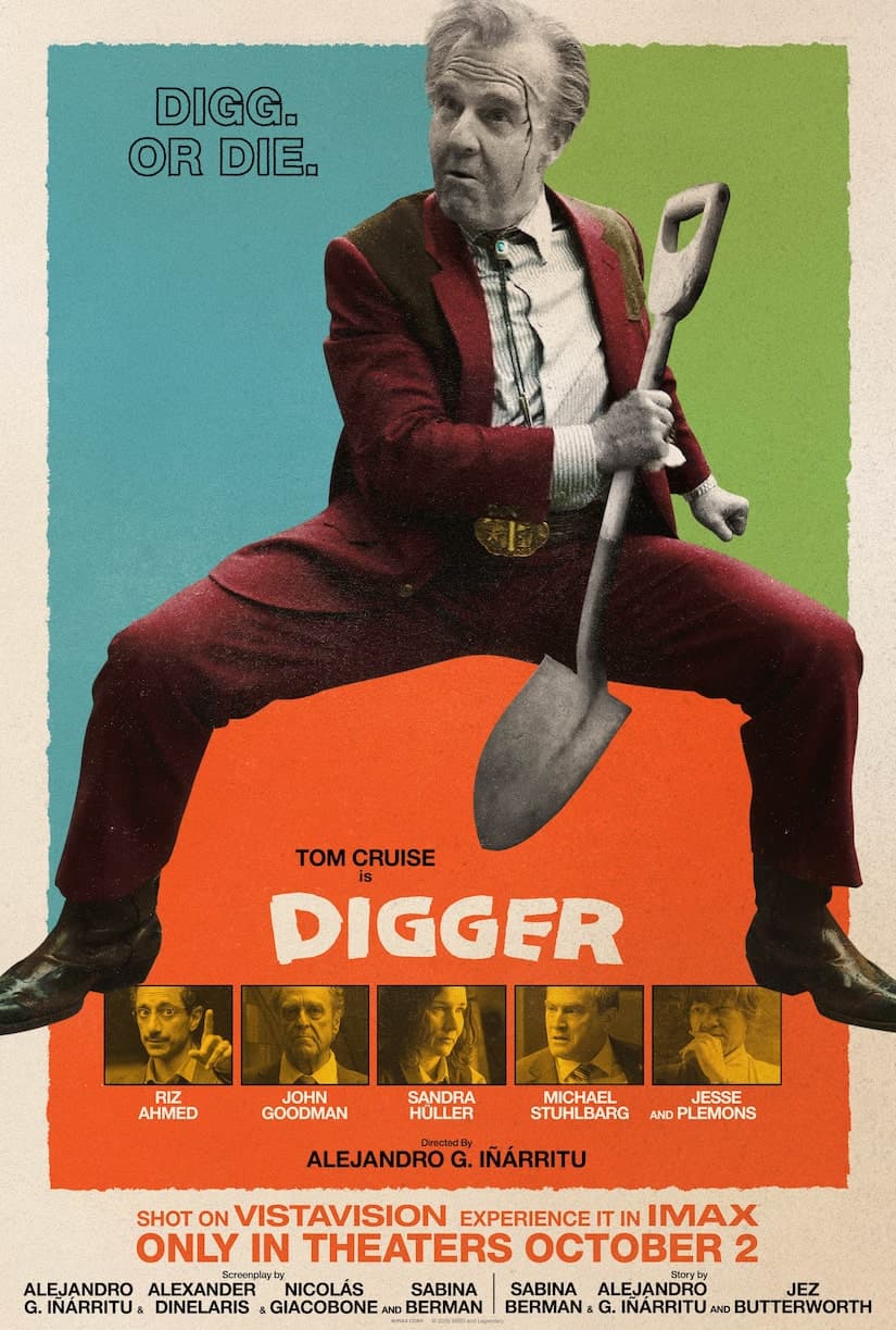 Tom Cruise in grey-haired, prosthetic makeup as oil tycoon Digger Rockwell in a scene from the film Digger