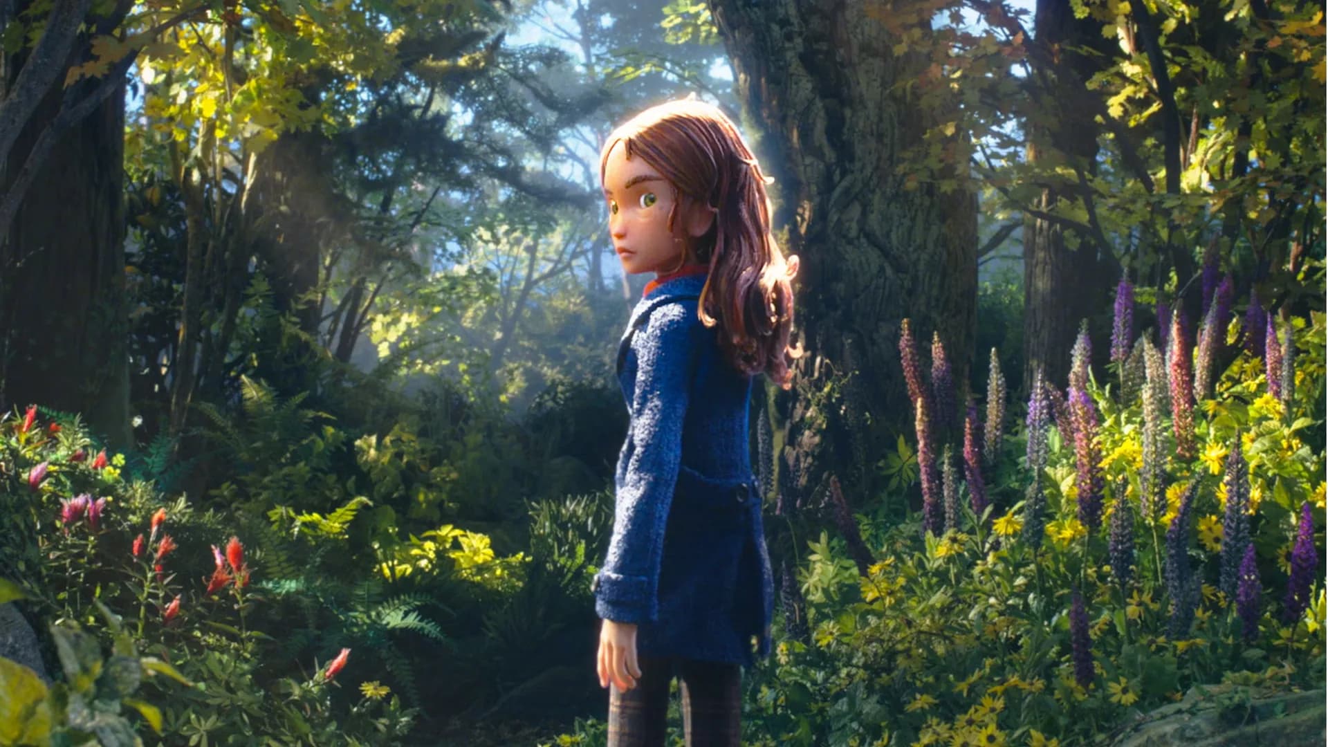 A still from Wildwood showing a teenage girl standing at the edge of a forest, with crows swirling above her.