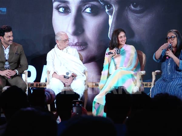 Kareena Kapoor Khan and Prithviraj Sukumaran on stage with director Meghna Gulzar and lyricist Gulzar at the Daayra music launch event in Mumbai.