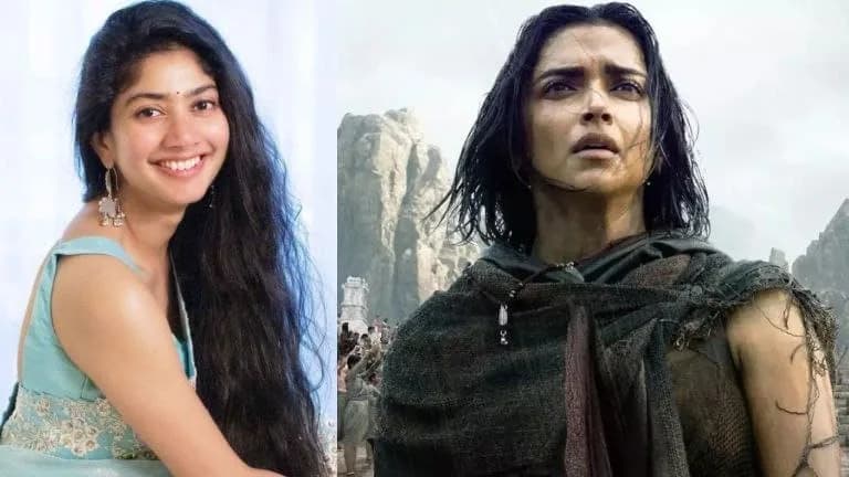 Sai Pallavi in a dramatic pose, standing against a futuristic backdrop.