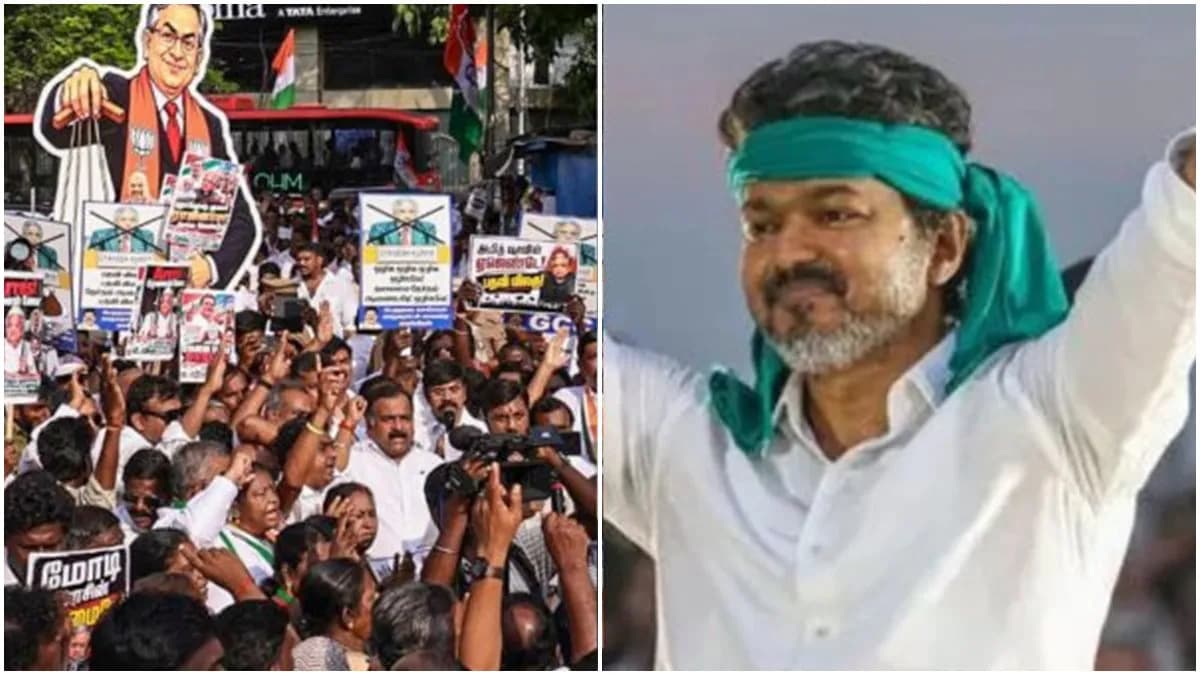 A crowd gathers in Chennai ahead of a protest march, with banners reading 'Against Gyanesh Kumar'.