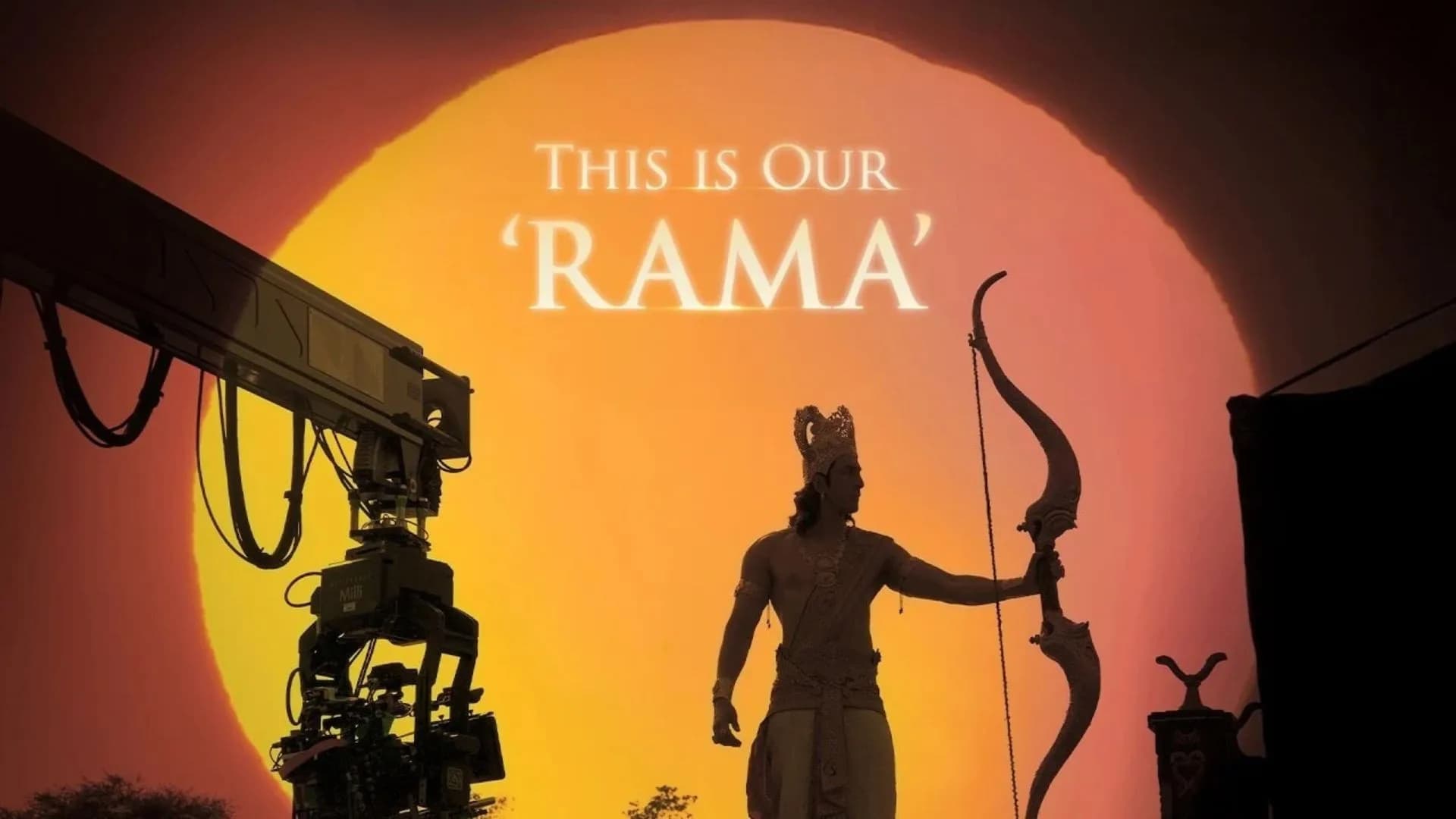 Ranbir Kapoor in full Rama costume on the grand set of Ramayana, standing before an intricately designed temple backdrop.