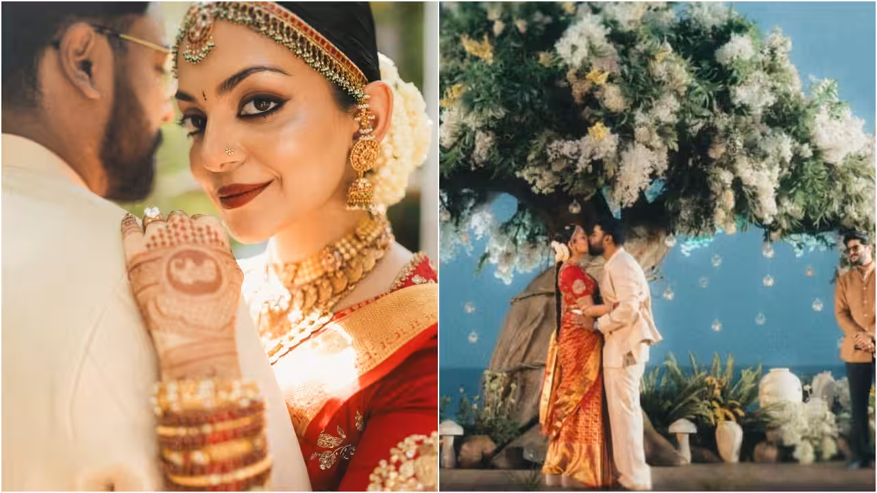 Ahaana Krishna and Nimish Ravi pose together at their traditional wedding ceremony in Thiruvananthapuram.