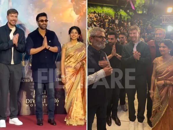 Ranbir Kapoor, Sai Pallavi and MrBeast standing together with director Nitesh Tiwari and producers at a Ramayana promotional photo shoot