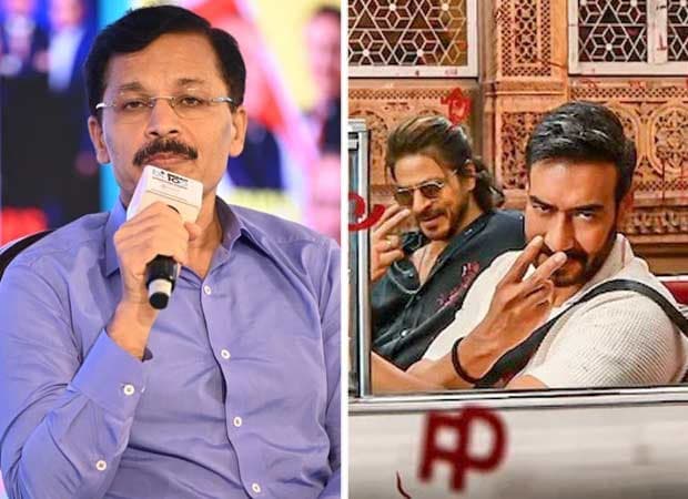 Shah Rukh Khan, Ajay Devgn and Tiger Shroff standing together in a promotional shoot for Vimal Elaichi